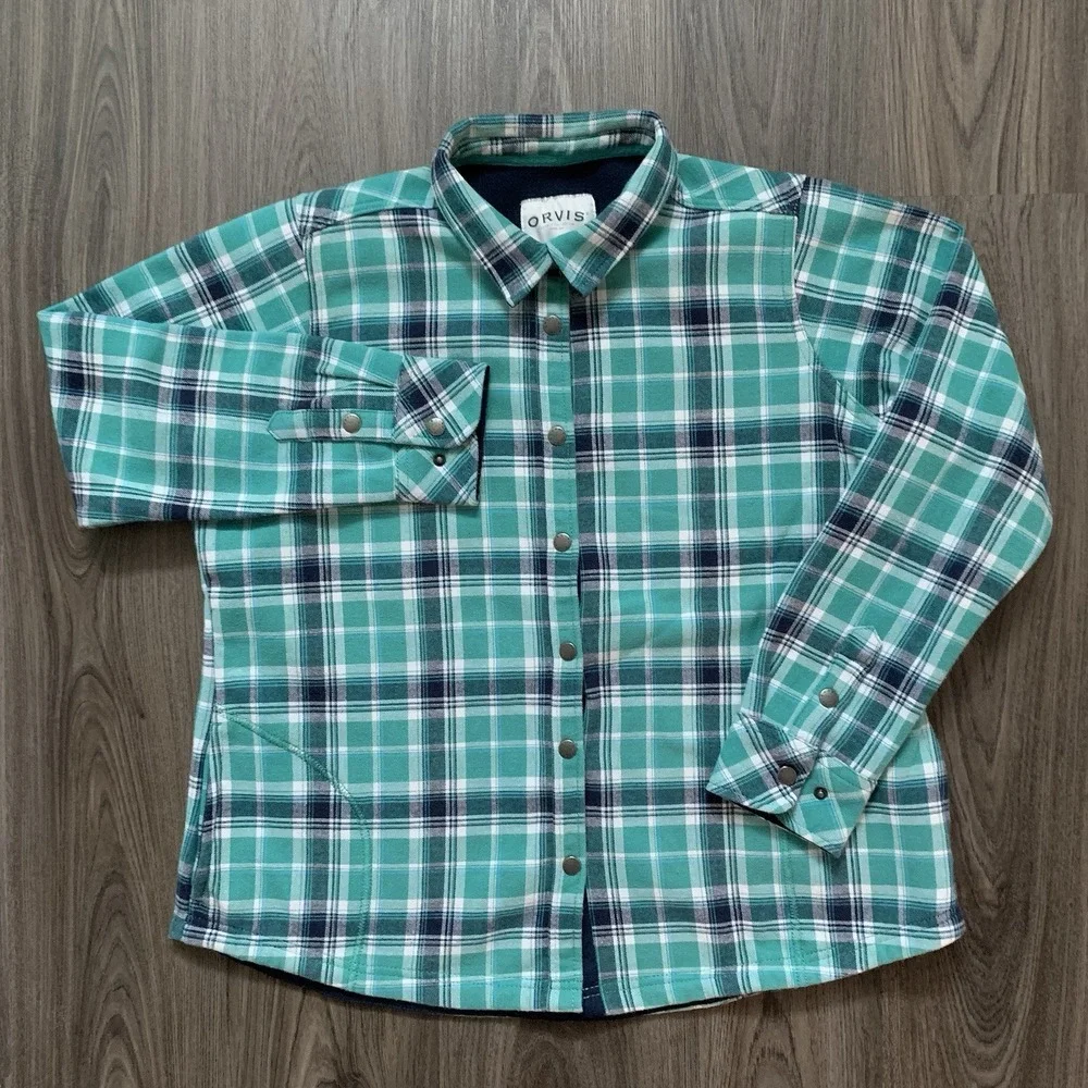 Orvis Fleece Lined Plaid Flannel Snap Jacket Shacket Blue Green Men ‎ XL